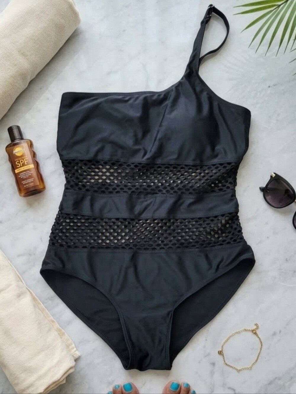 Ralph Lauren Black Mesh One-Shoulder One-Piece Swimsuit | XL